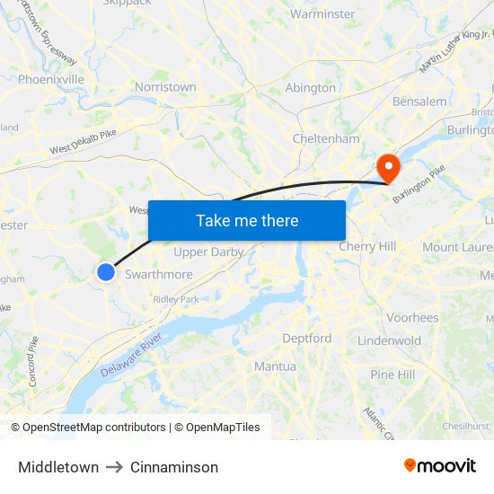 Middletown to Cinnaminson map