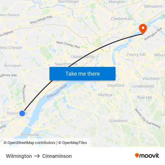 Wilmington to Cinnaminson map