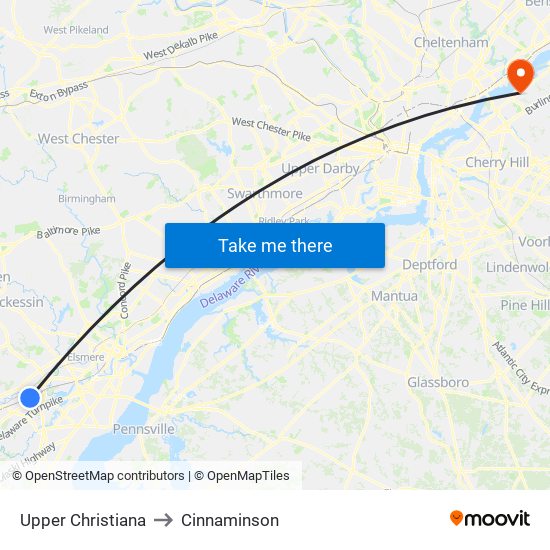 Upper Christiana to Cinnaminson map