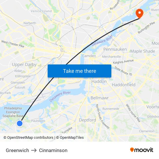 Greenwich to Cinnaminson map