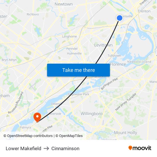 Lower Makefield to Cinnaminson map