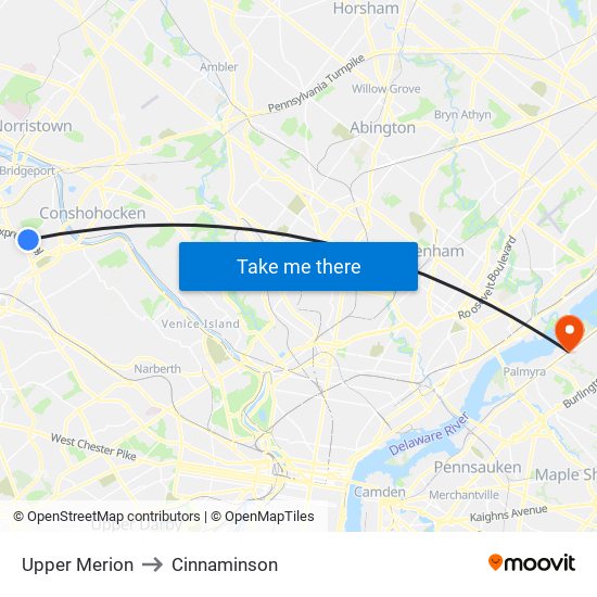 Upper Merion to Cinnaminson map