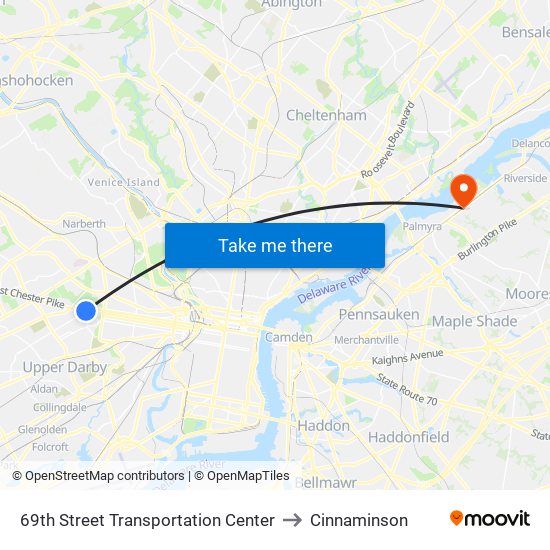69th Street Transportation Center to Cinnaminson map