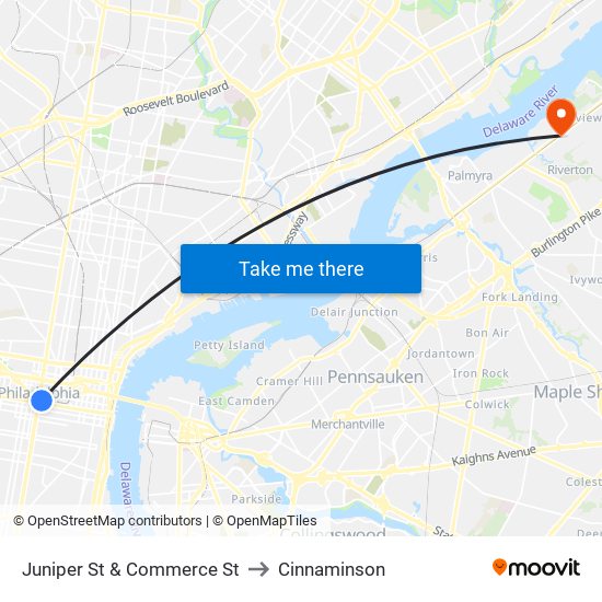 Juniper St & Commerce St to Cinnaminson map