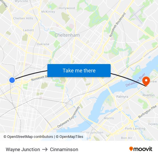 Wayne Junction to Cinnaminson map