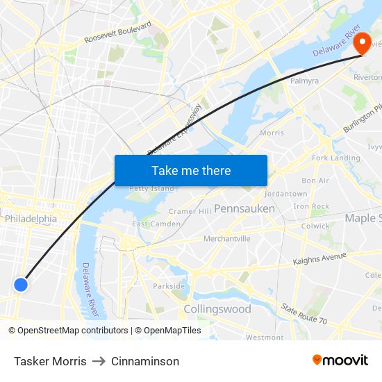 Tasker Morris to Cinnaminson map