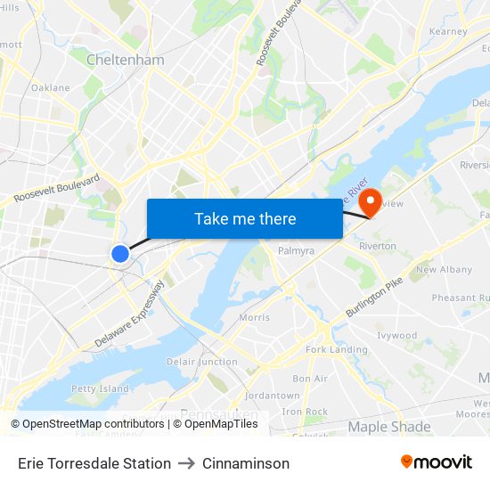 Erie Torresdale Station to Cinnaminson map