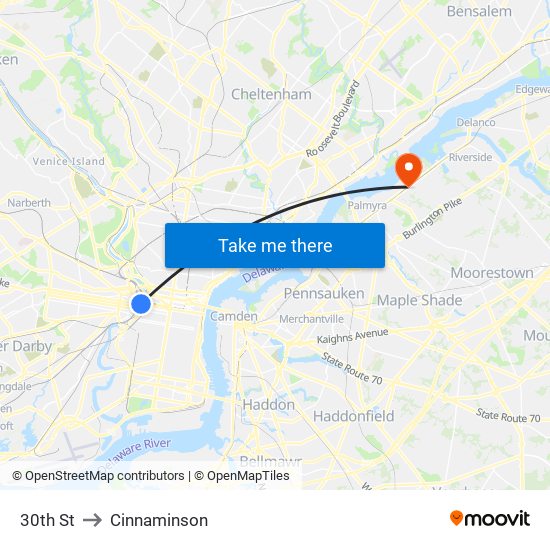 30th St to Cinnaminson map