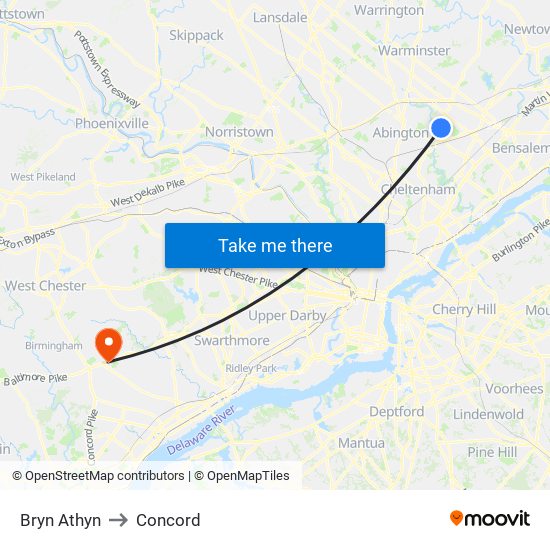 Bryn Athyn to Concord map