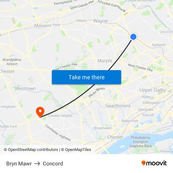 Bryn Mawr to Concord map