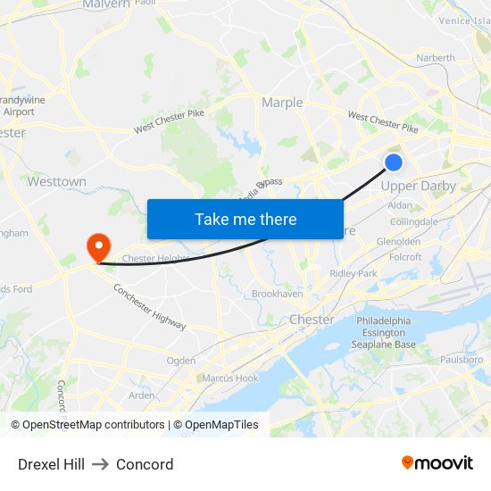 Drexel Hill to Concord map