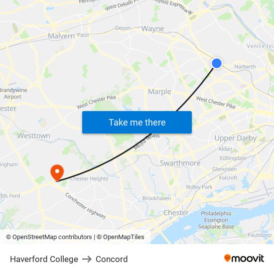 Haverford College to Concord map