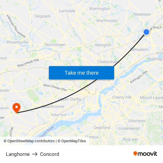 Langhorne to Concord map