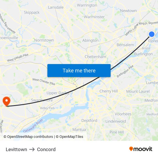 Levittown to Concord map