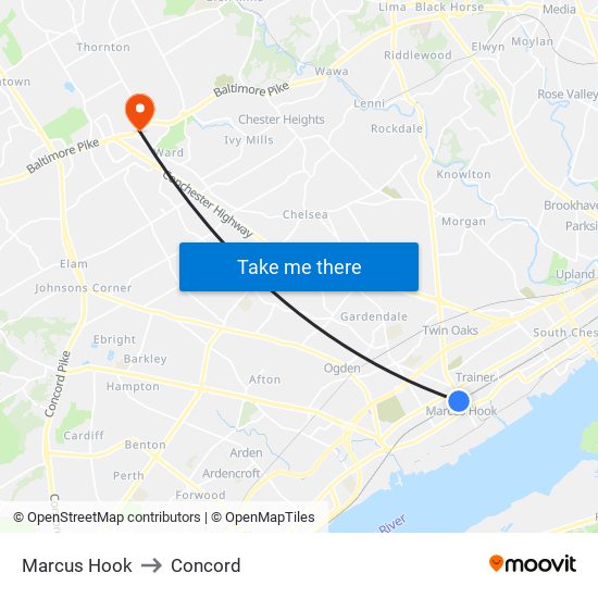 Marcus Hook to Concord map