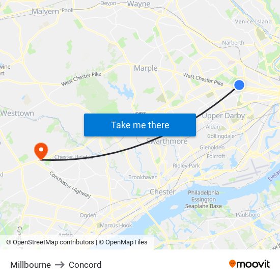 Millbourne to Concord map