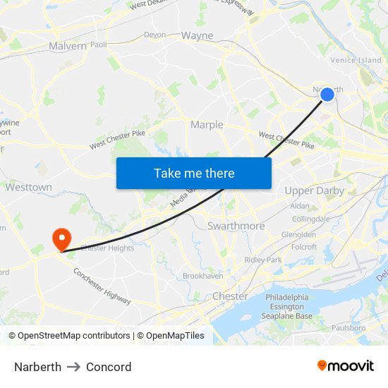 Narberth to Concord map