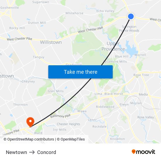 Newtown to Concord map