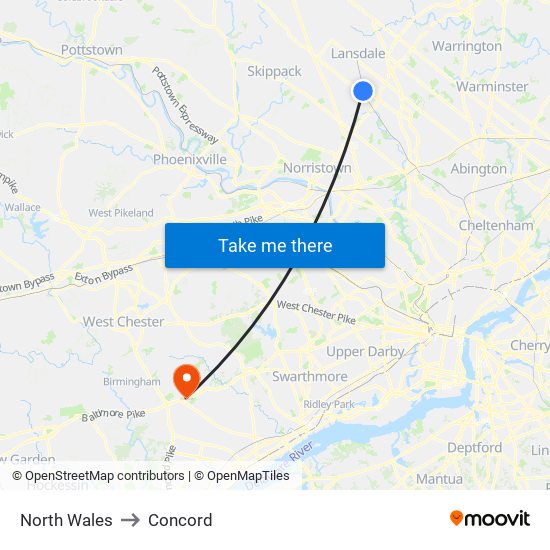 North Wales to Concord map