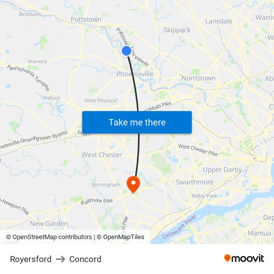 Royersford to Concord map