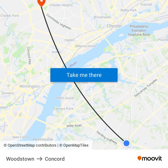 Woodstown to Concord map