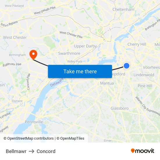 Bellmawr to Concord map