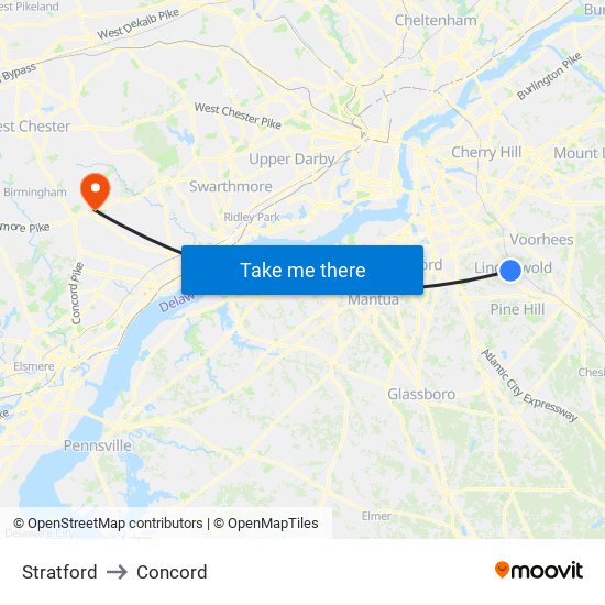 Stratford to Concord map