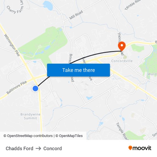 Chadds Ford to Concord map