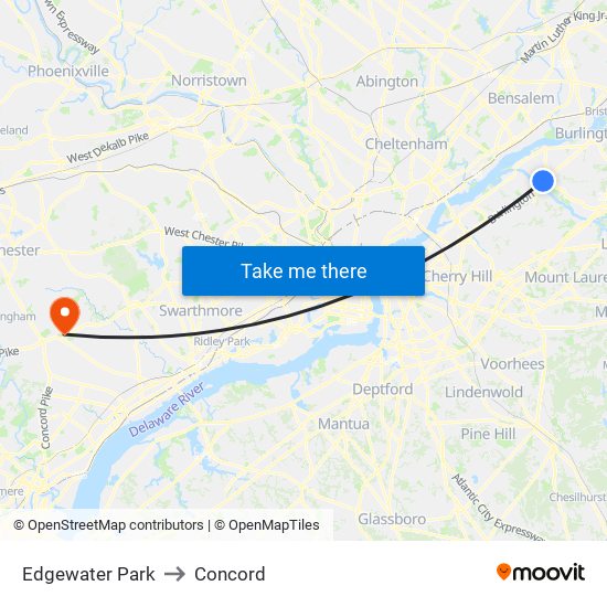 Edgewater Park to Concord map