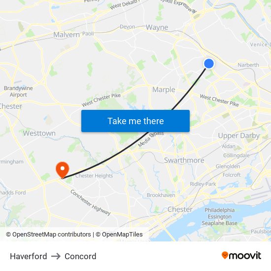 Haverford to Concord map