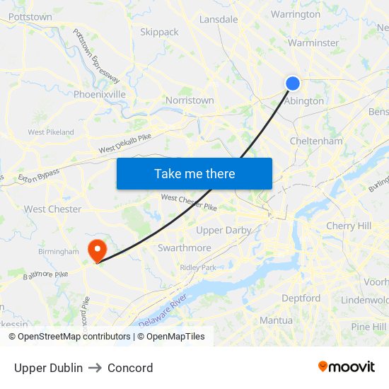 Upper Dublin to Concord map