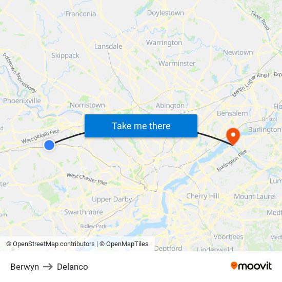 Berwyn to Delanco map