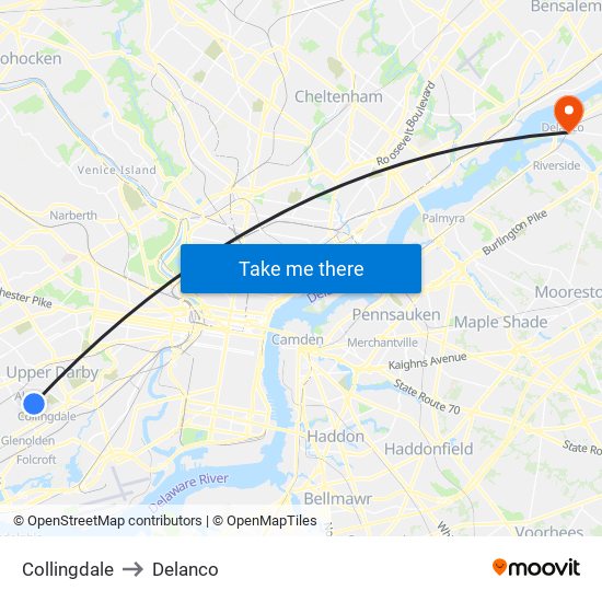 Collingdale to Delanco map