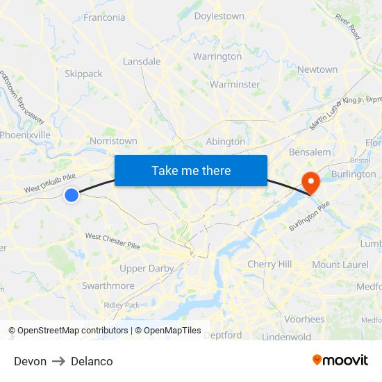 Devon to Delanco map