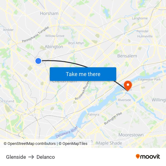 Glenside to Delanco map