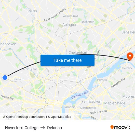 Haverford College to Delanco map