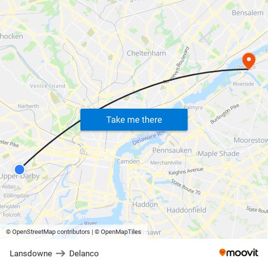 Lansdowne to Delanco map