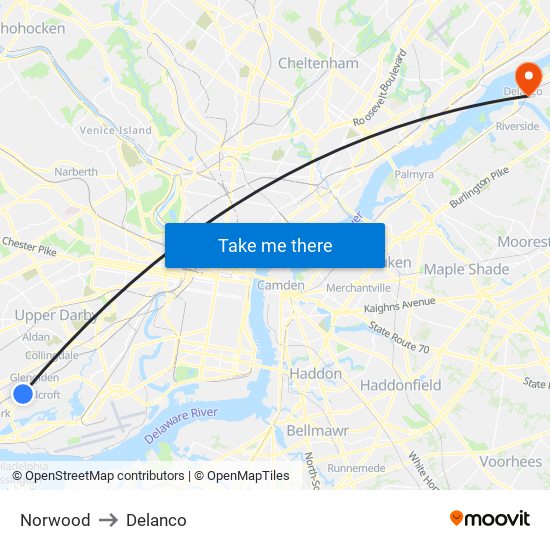 Norwood to Delanco map