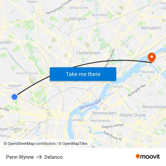 Penn Wynne to Delanco map