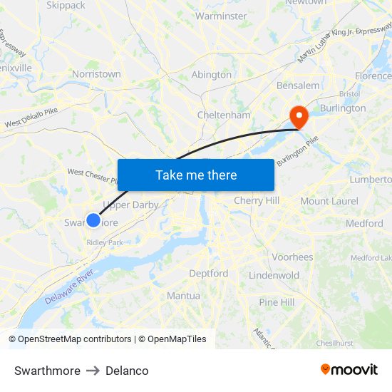 Swarthmore to Delanco map