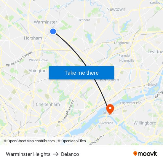 Warminster Heights to Delanco map