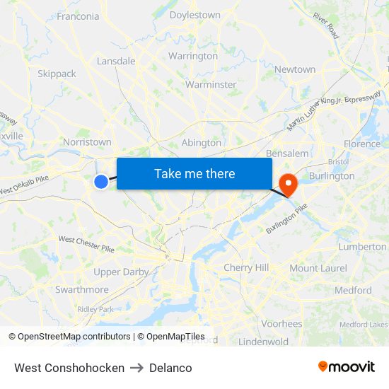 West Conshohocken to Delanco map