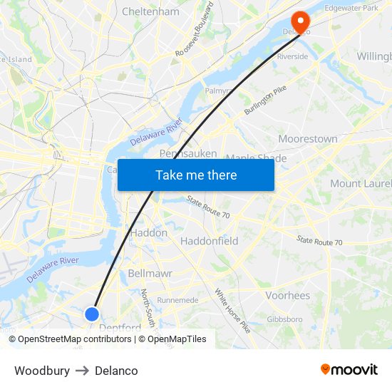 Woodbury to Delanco map