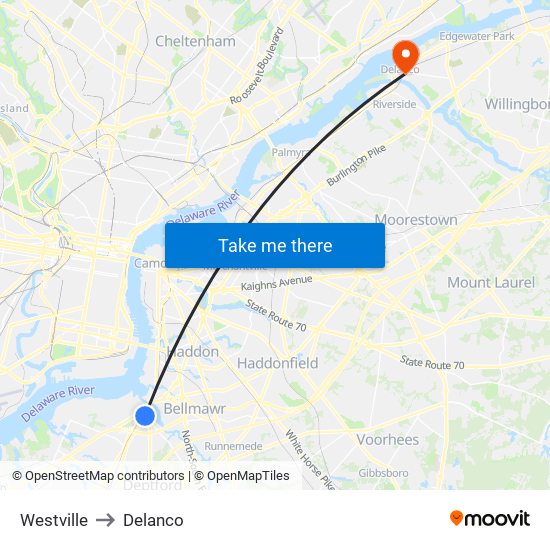 Westville to Delanco map