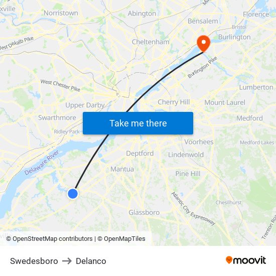 Swedesboro to Delanco map