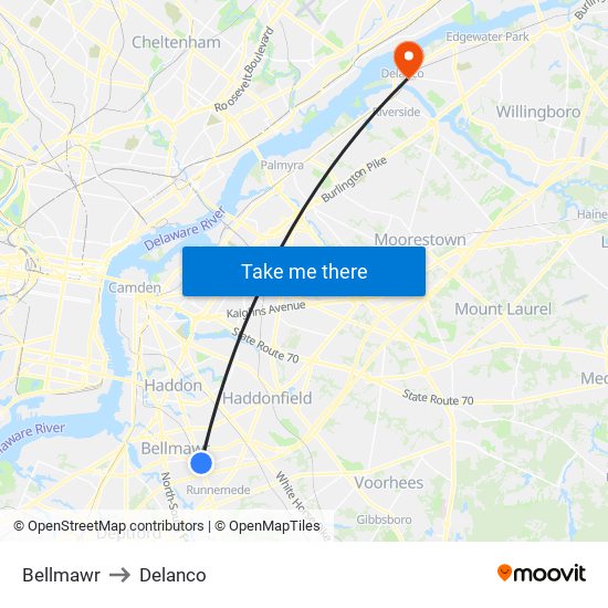 Bellmawr to Delanco map