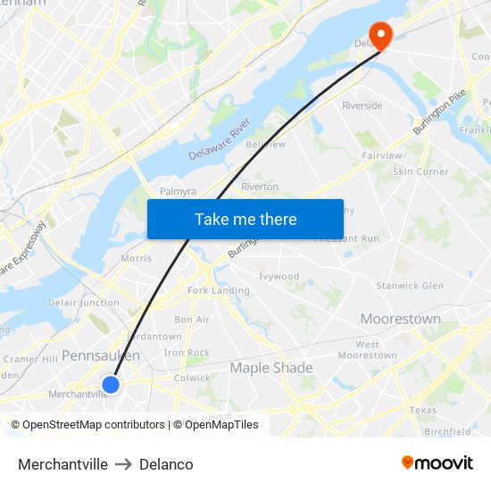 Merchantville to Delanco map