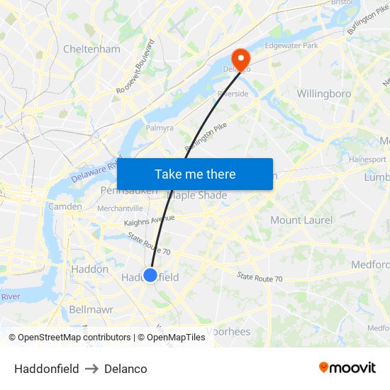 Haddonfield to Delanco map