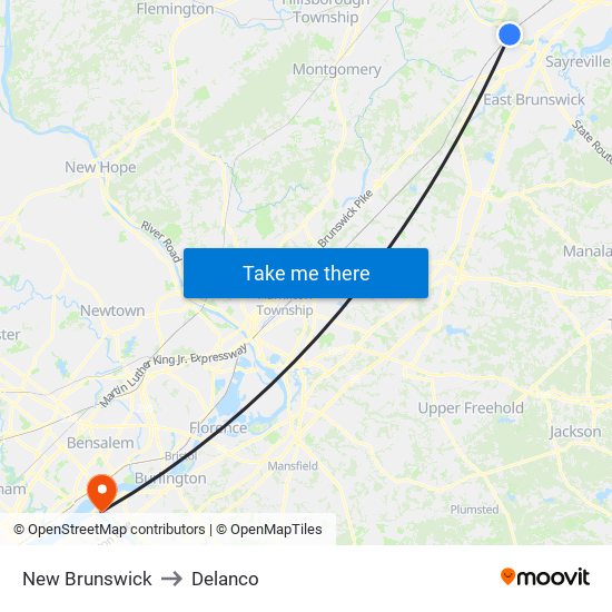 New Brunswick to Delanco map