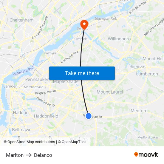 Marlton to Delanco map